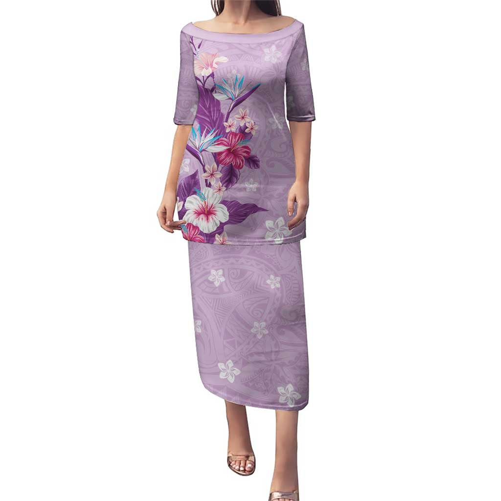 Hawaii Tropical Flowers Puletasi Polynesian Tattoo Lavender