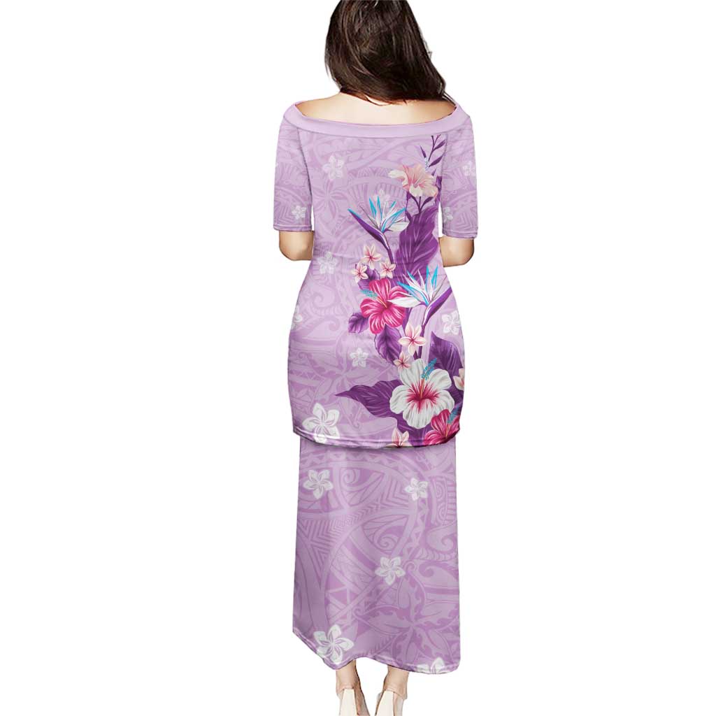Hawaii Tropical Flowers Puletasi Polynesian Tattoo Lavender