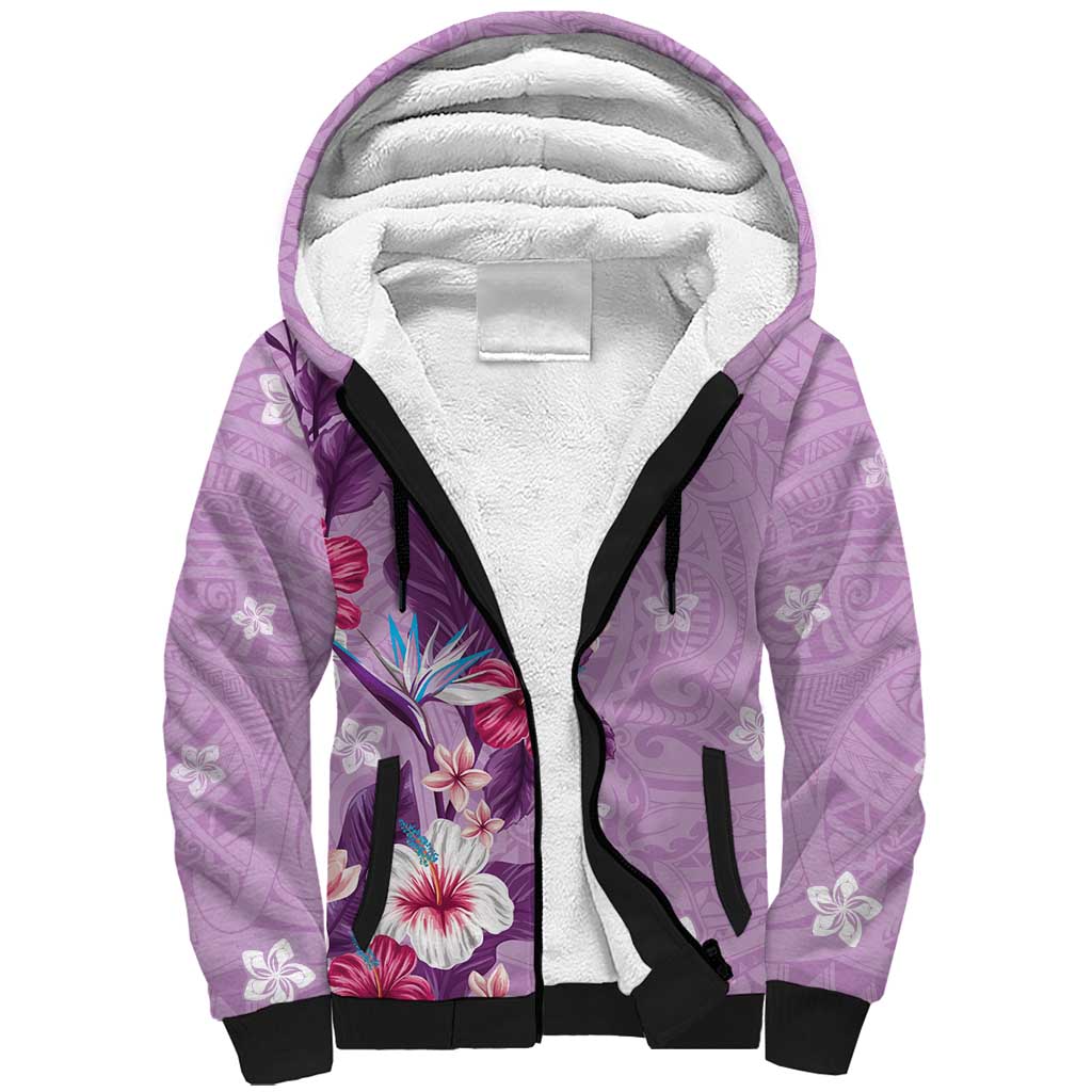 Hawaii Tropical Flowers Sherpa Hoodie Polynesian Tattoo Lavender