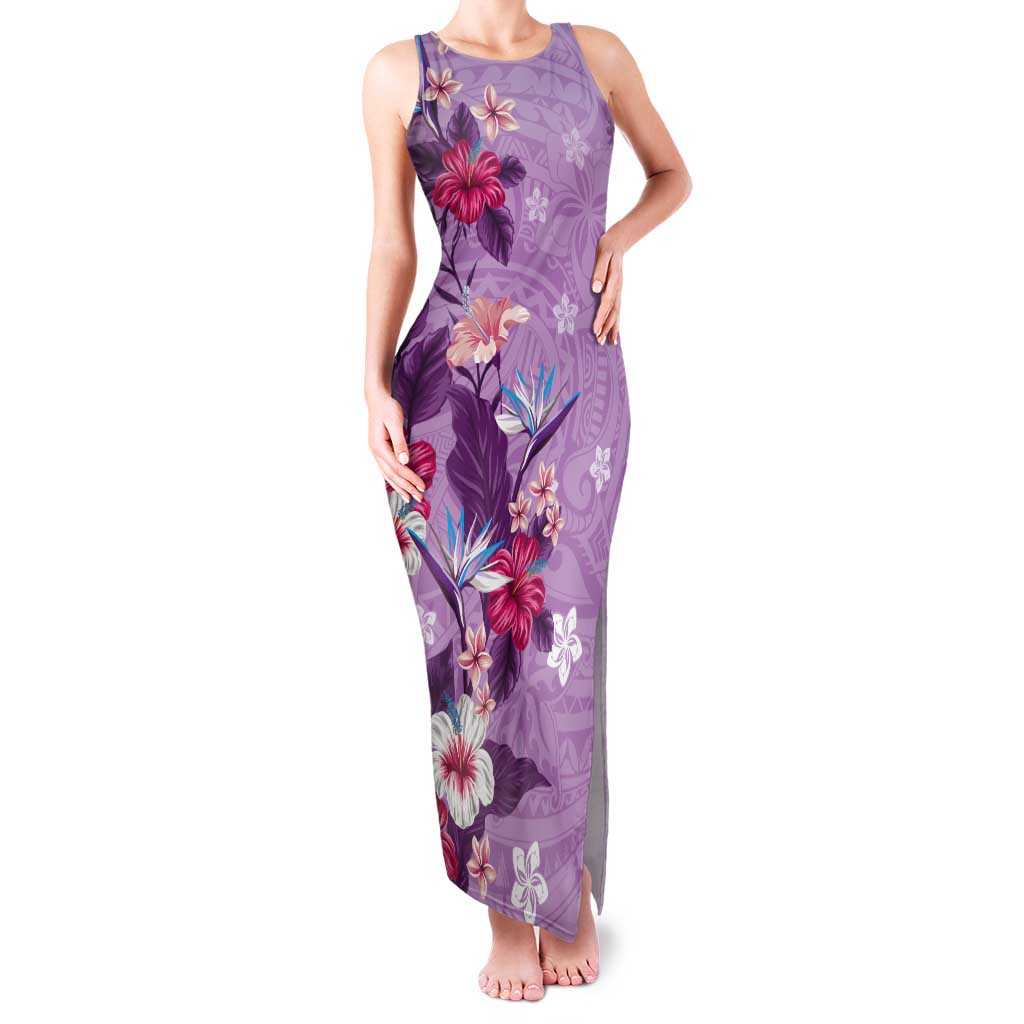 Hawaii Tropical Flowers Tank Maxi Dress Polynesian Tattoo Lavender