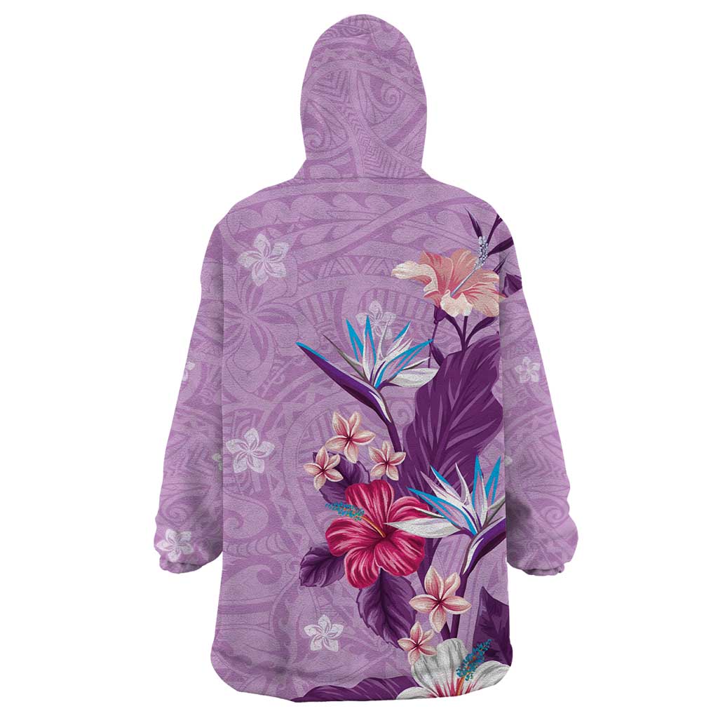 Hawaii Tropical Flowers Wearable Blanket Hoodie Polynesian Tattoo Lavender