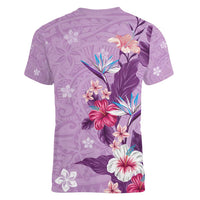 Hawaii Tropical Flowers Women V-Neck T-Shirt Polynesian Tattoo Lavender