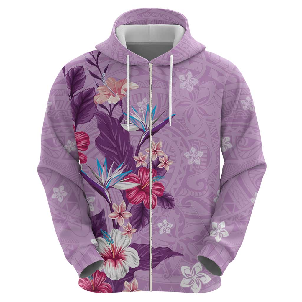 Hawaii Tropical Flowers Zip Hoodie Polynesian Tattoo Lavender LT05 - Polynesian Pride