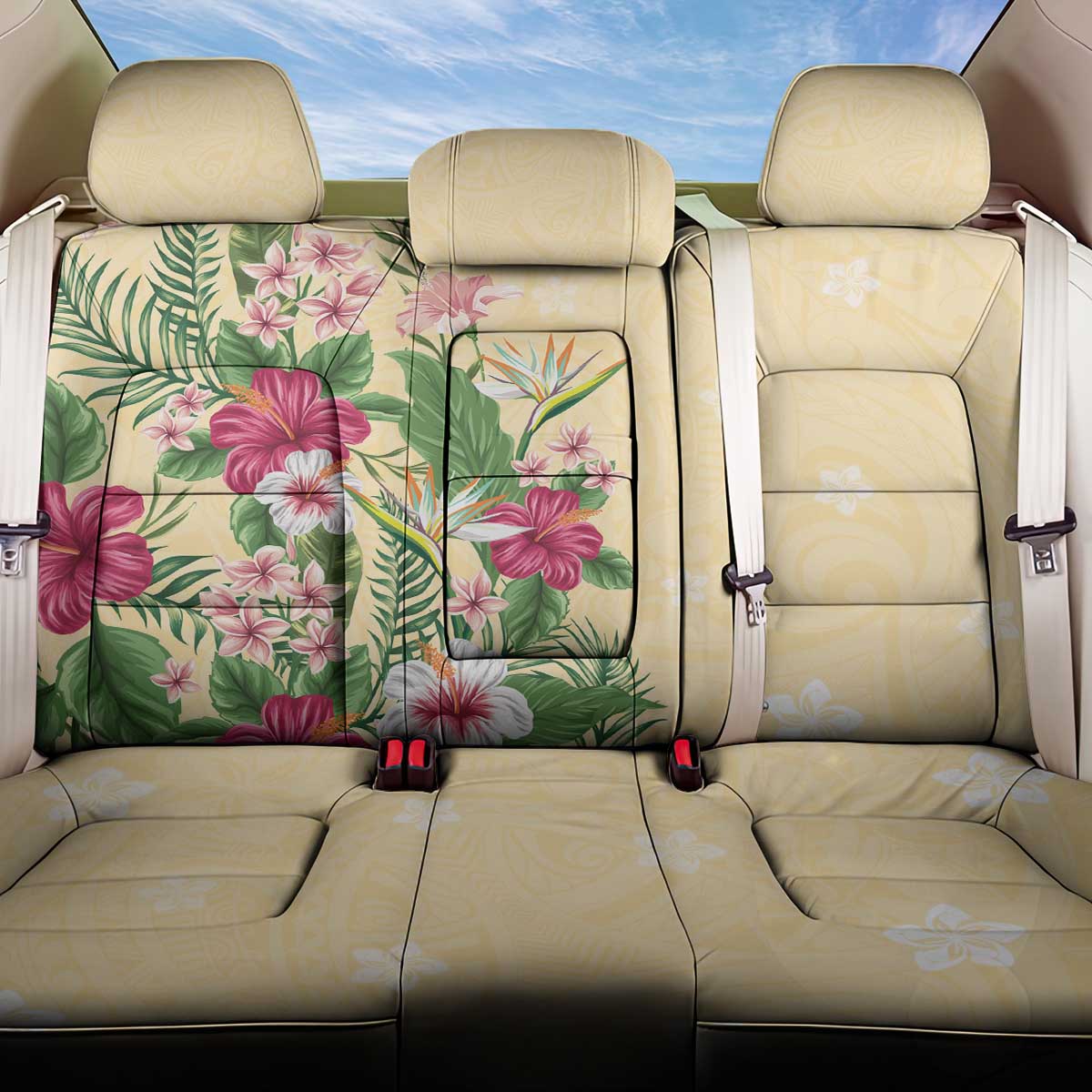 Hawaii Tropical Flowers Back Car Seat Cover Polynesian Tattoo Buttermilk