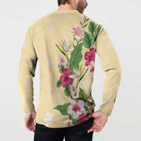Hawaii Tropical Flowers Button Sweatshirt Polynesian Tattoo Buttermilk