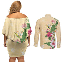 Hawaii Tropical Flowers Couples Matching Off Shoulder Short Dress and Long Sleeve Button Shirt Polynesian Tattoo Buttermilk
