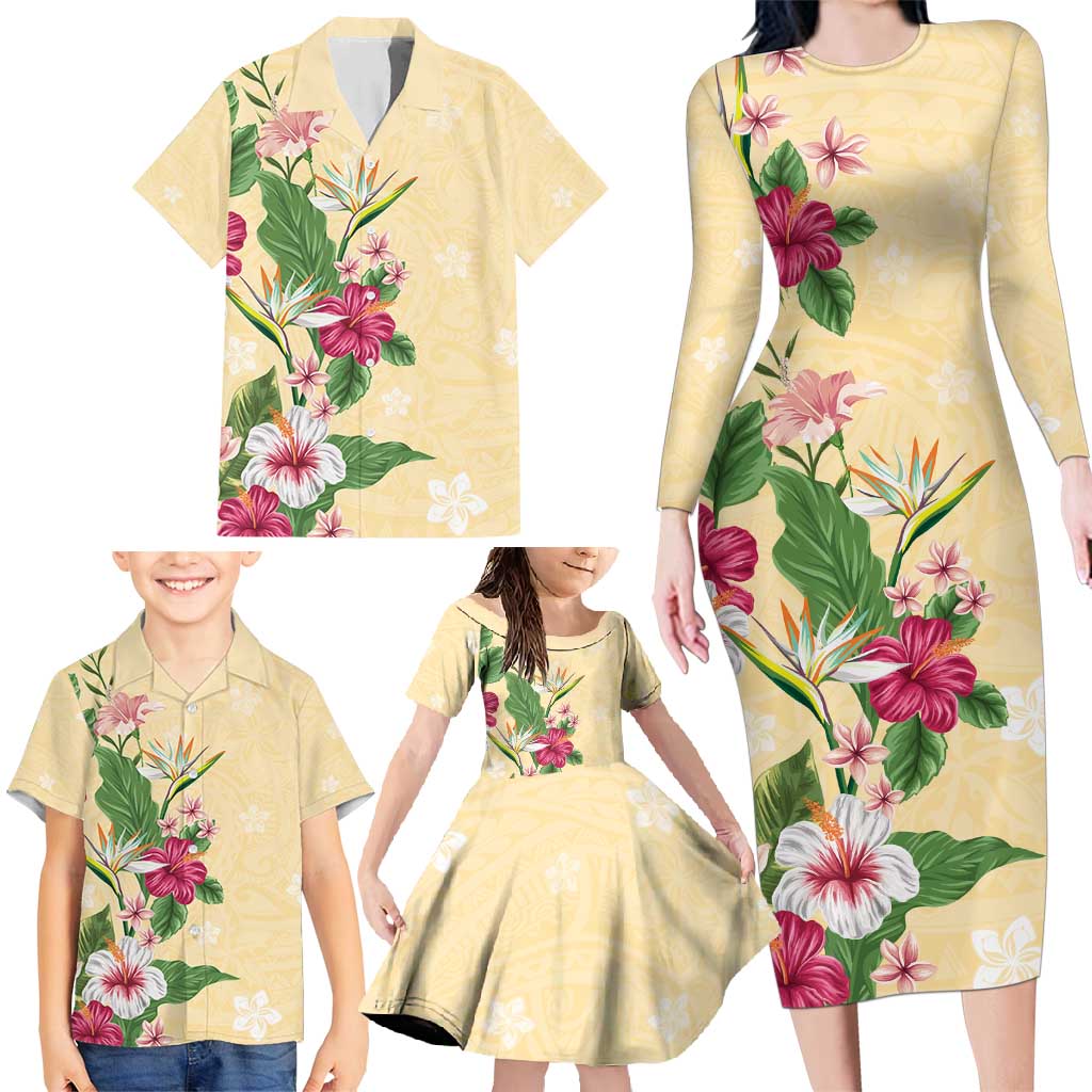 Hawaii Tropical Flowers Family Matching Long Sleeve Bodycon Dress and Hawaiian Shirt Polynesian Tattoo Buttermilk
