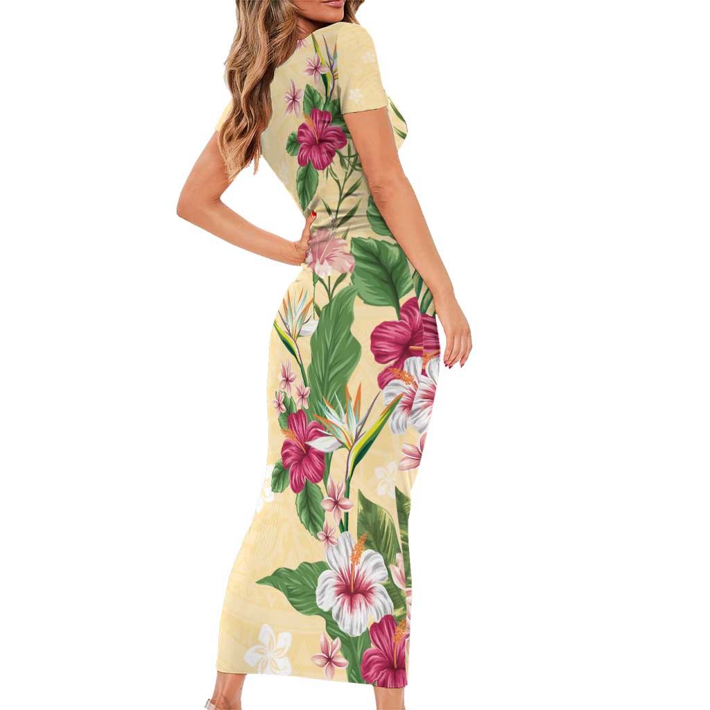 Hawaii Tropical Flowers Family Matching Short Sleeve Bodycon Dress and Hawaiian Shirt Polynesian Tattoo Buttermilk
