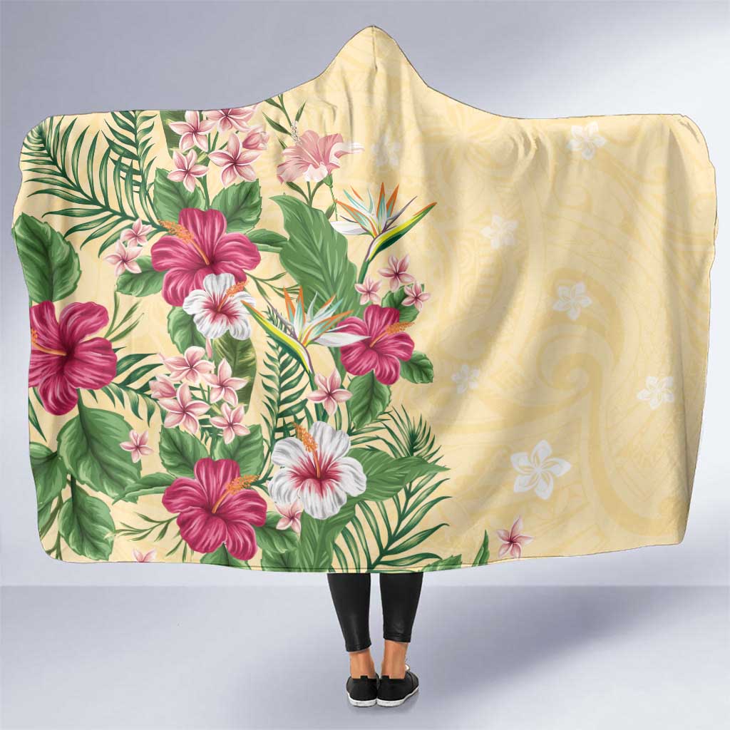 Hawaii Tropical Flowers Hooded Blanket Polynesian Tattoo Buttermilk