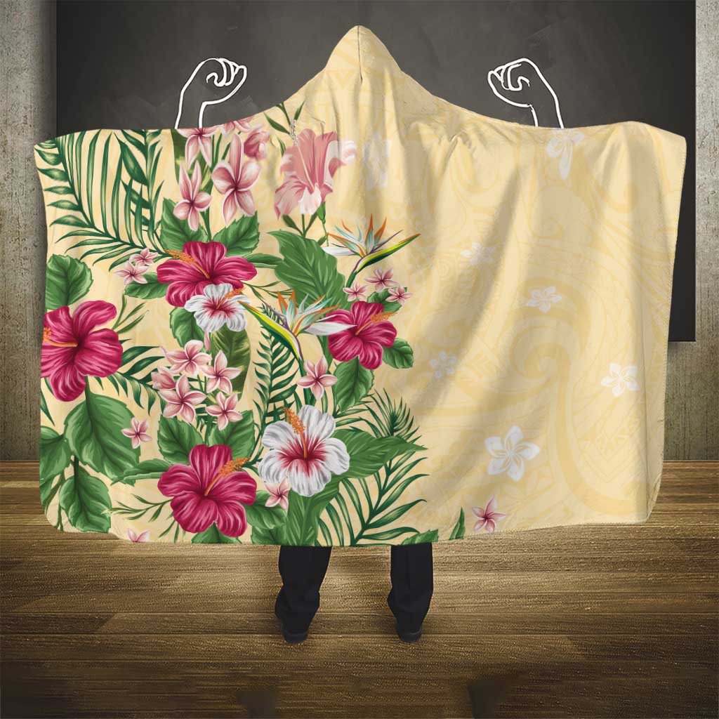 Hawaii Tropical Flowers Hooded Blanket Polynesian Tattoo Buttermilk