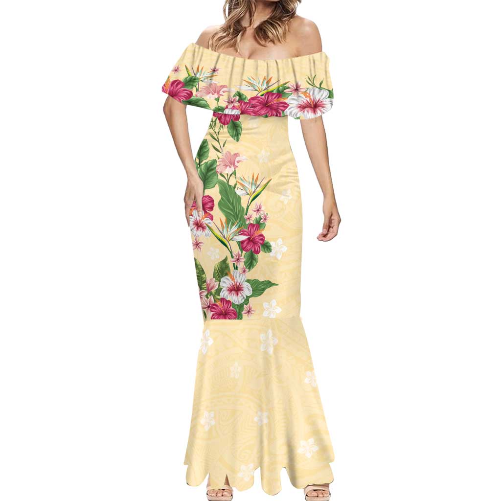 Hawaii Tropical Flowers Mermaid Dress Polynesian Tattoo Buttermilk