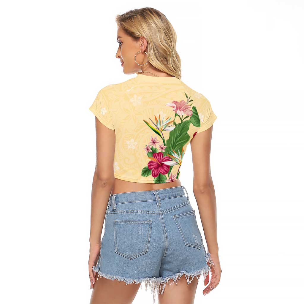 Hawaii Tropical Flowers Raglan Cropped T Shirt Polynesian Tattoo Buttermilk