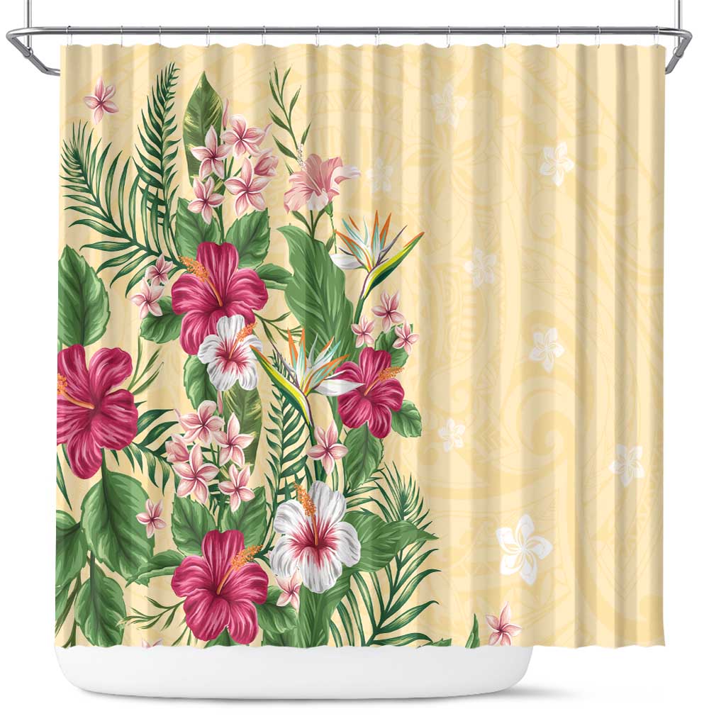 Hawaii Tropical Flowers Shower Curtain Polynesian Tattoo Buttermilk