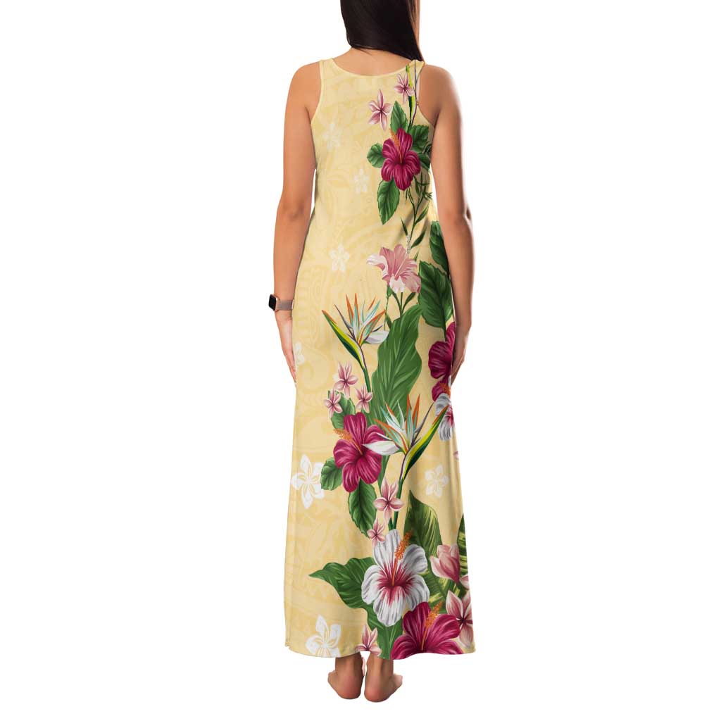 Hawaii Tropical Flowers Tank Maxi Dress Polynesian Tattoo Buttermilk