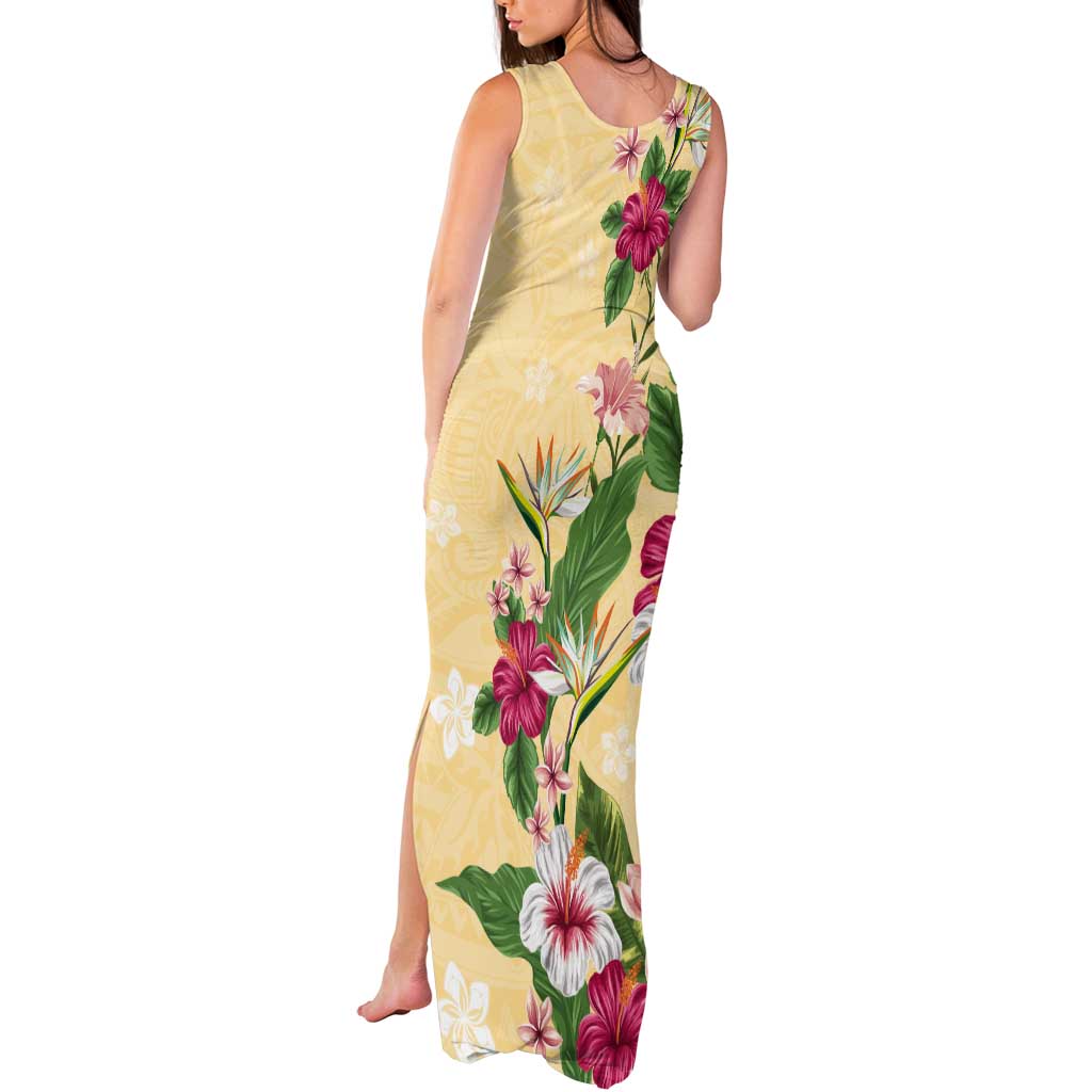 Hawaii Tropical Flowers Tank Maxi Dress Polynesian Tattoo Buttermilk