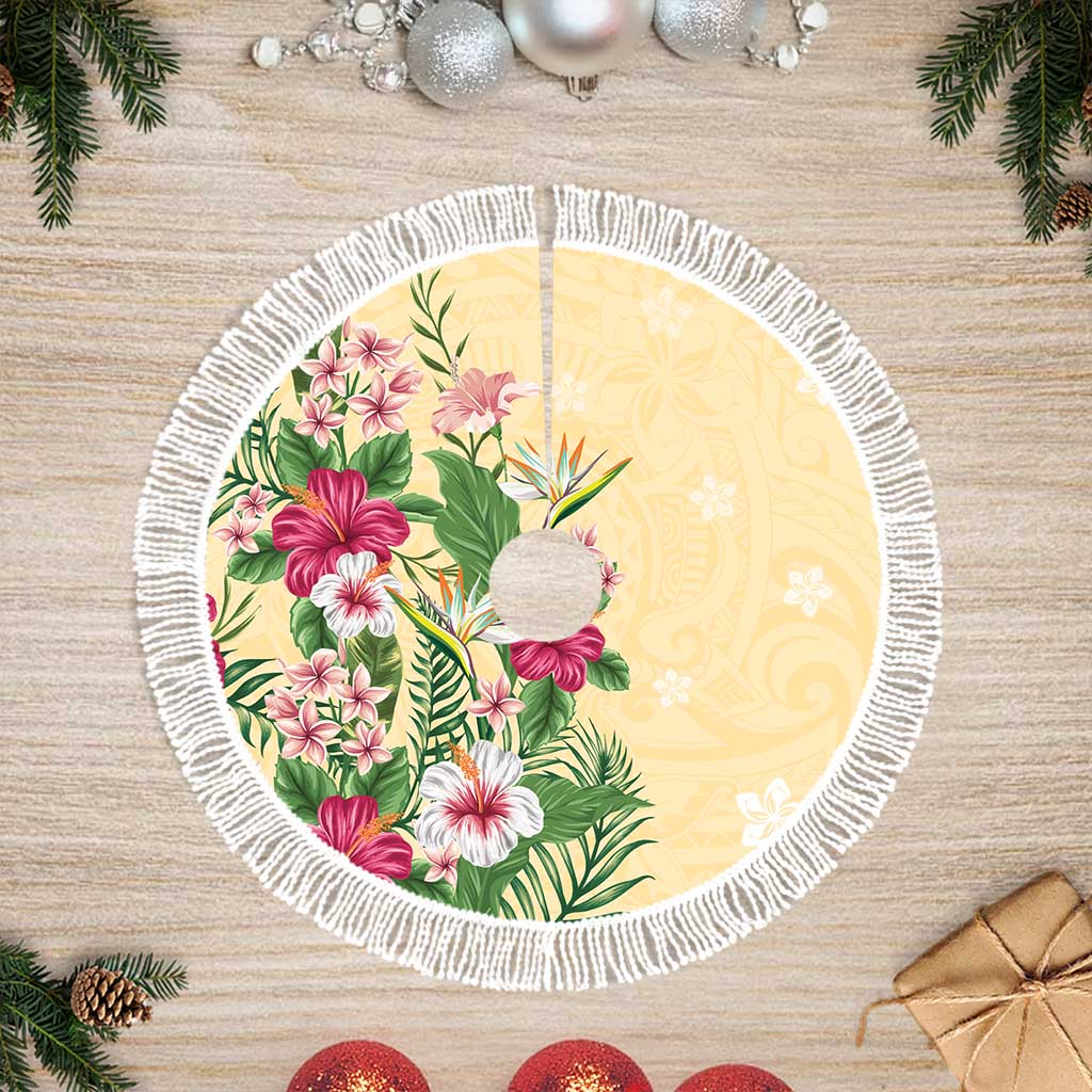 Hawaii Tropical Flowers Tree Skirt Polynesian Tattoo Buttermilk LT05 Fringed Beige - Polynesian Pride