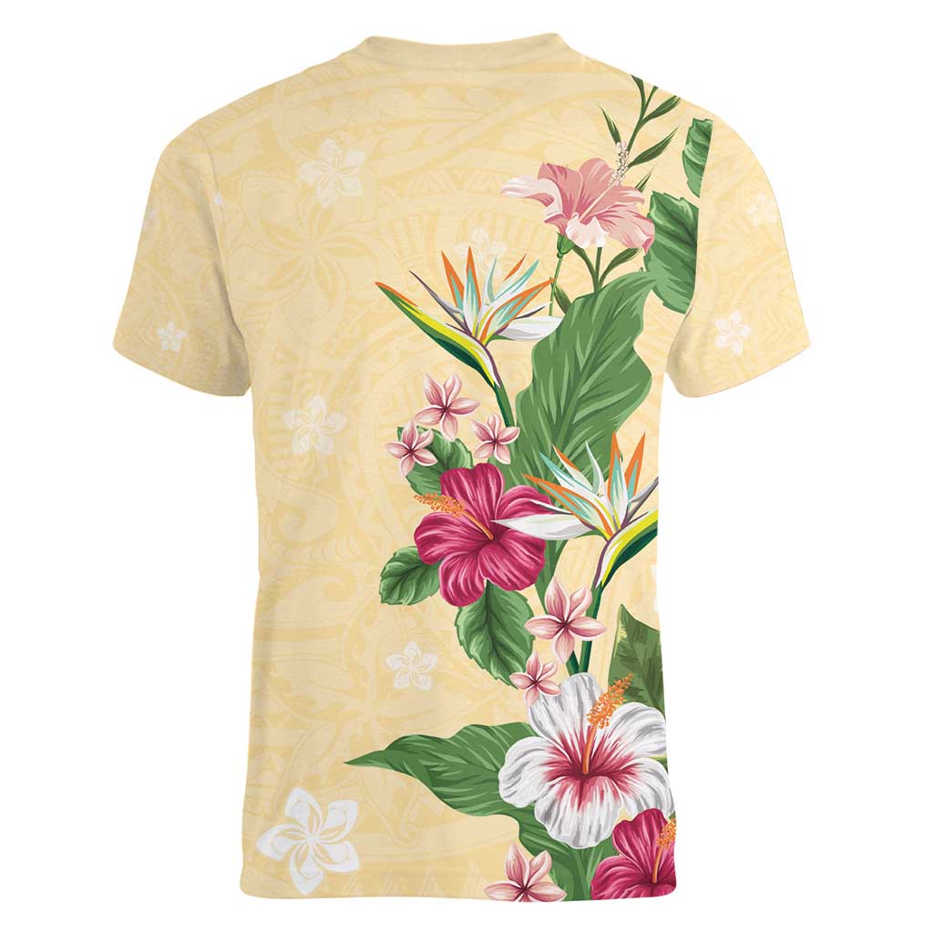 Hawaii Tropical Flowers Women V-Neck T-Shirt Polynesian Tattoo Buttermilk LT05 - Polynesian Pride