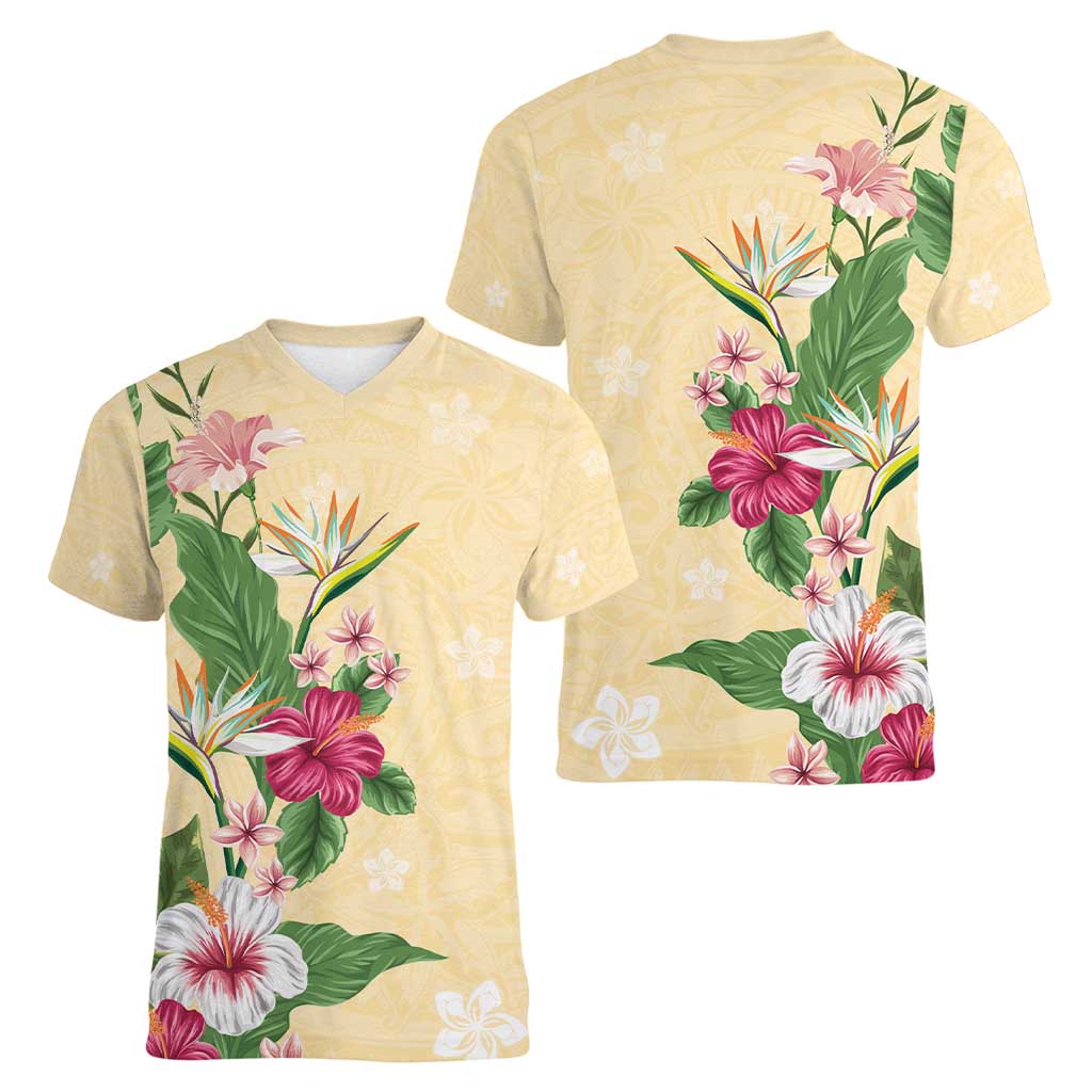 Hawaii Tropical Flowers Women V-Neck T-Shirt Polynesian Tattoo Buttermilk LT05 - Polynesian Pride