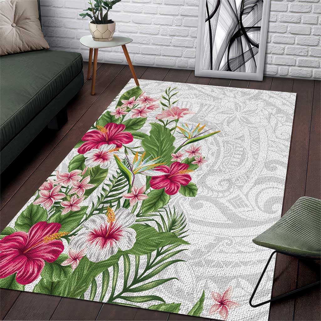 Hawaii Tropical Flowers Area Rug Polynesian Tattoo White