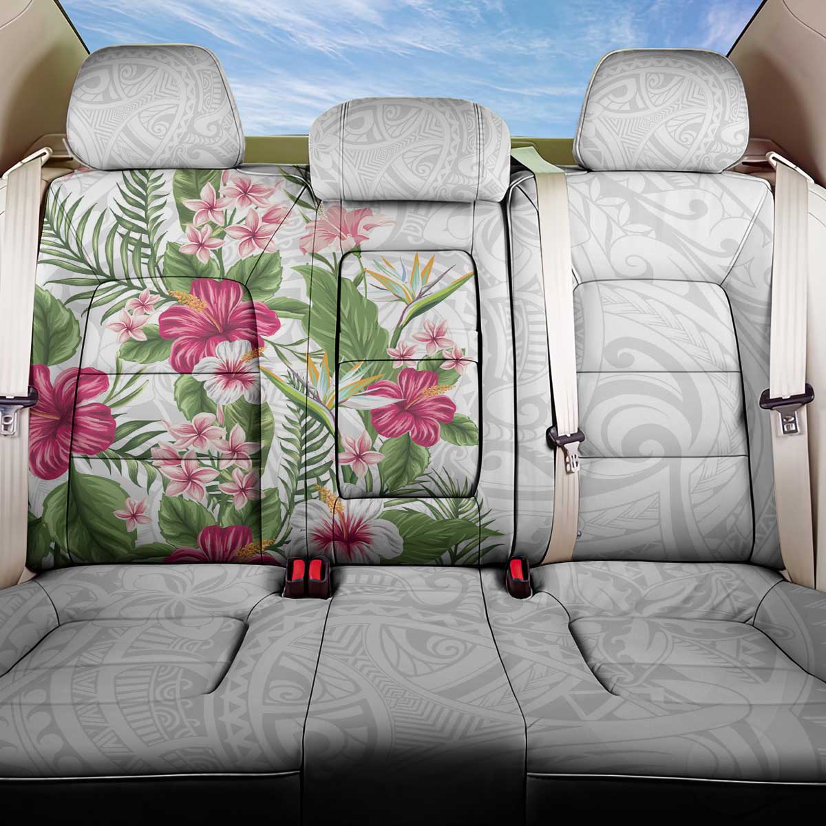 Hawaii Tropical Flowers Back Car Seat Cover Polynesian Tattoo White