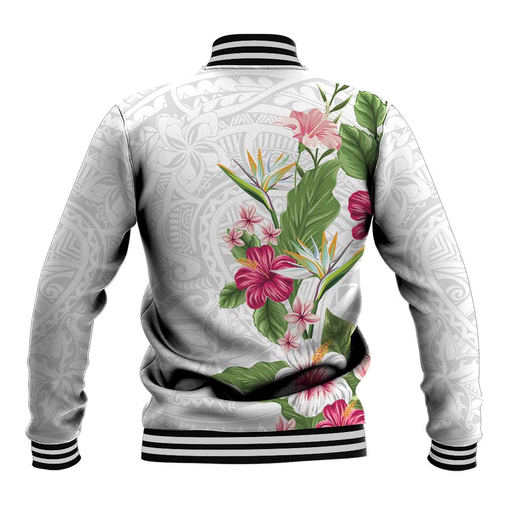 Hawaii Tropical Flowers Baseball Jacket Polynesian Tattoo White