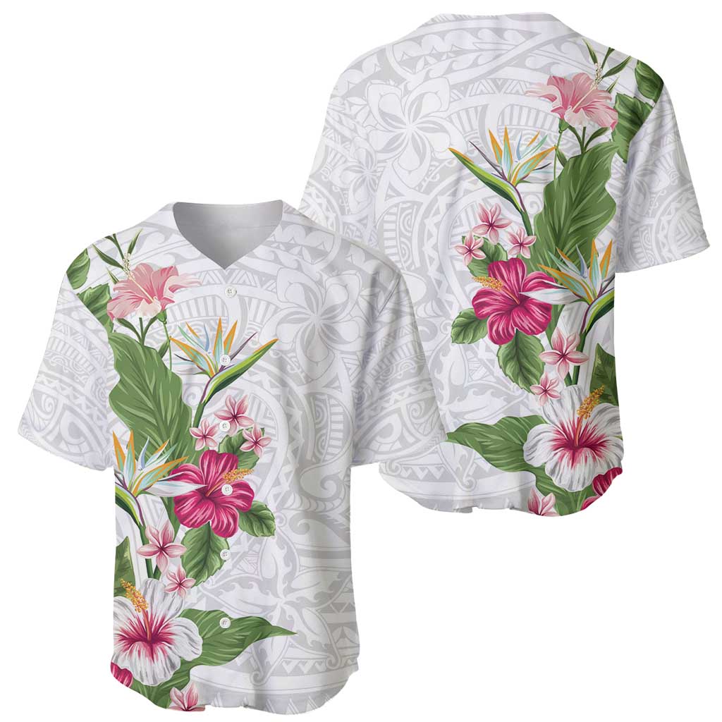 Hawaii Tropical Flowers Baseball Jersey Polynesian Tattoo White
