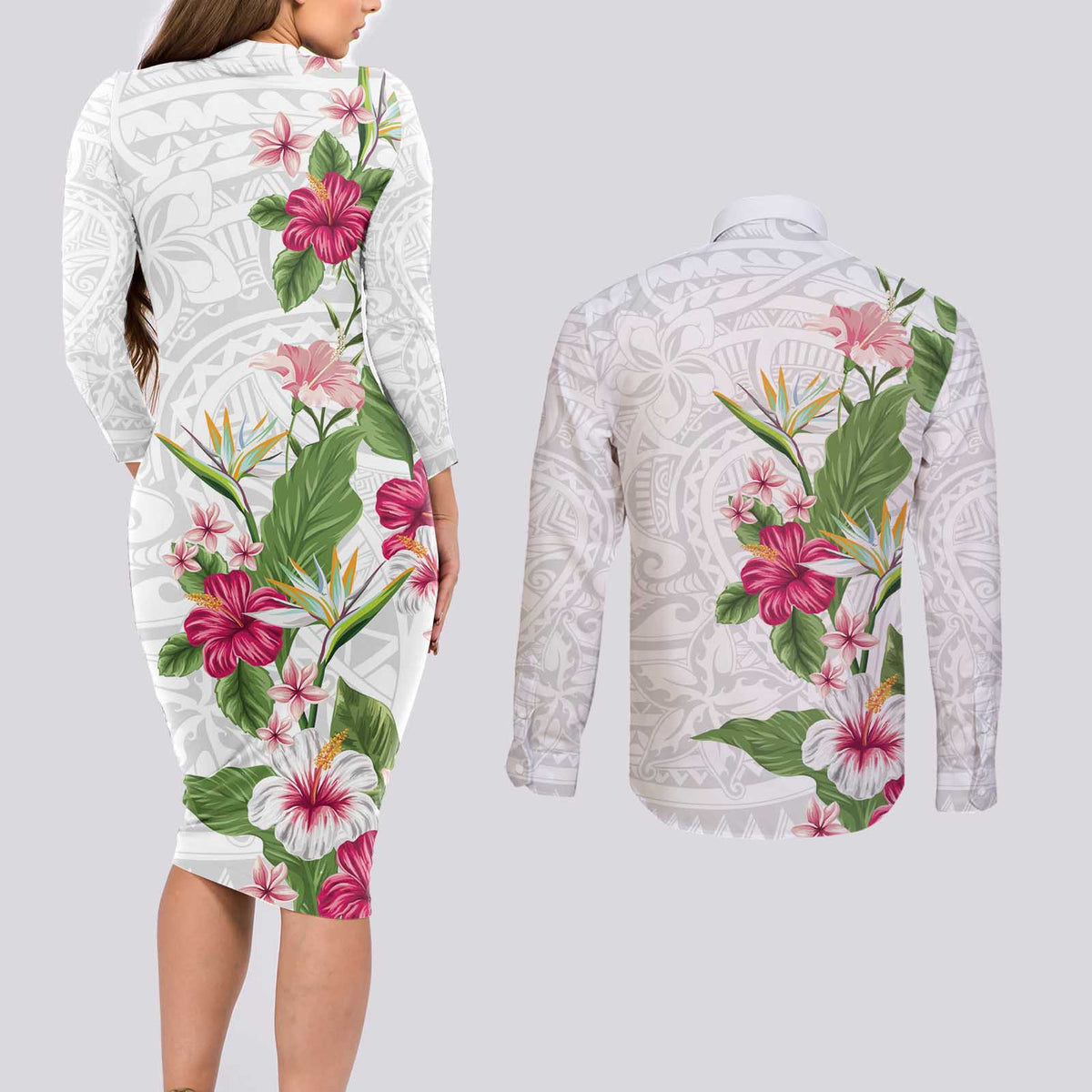 Hawaii Tropical Flowers Couples Matching Long Sleeve Bodycon Dress and Long Sleeve Button Shirt Polynesian Tattoo White