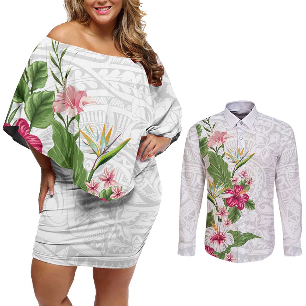 Hawaii Tropical Flowers Couples Matching Off Shoulder Short Dress and Long Sleeve Button Shirt Polynesian Tattoo White
