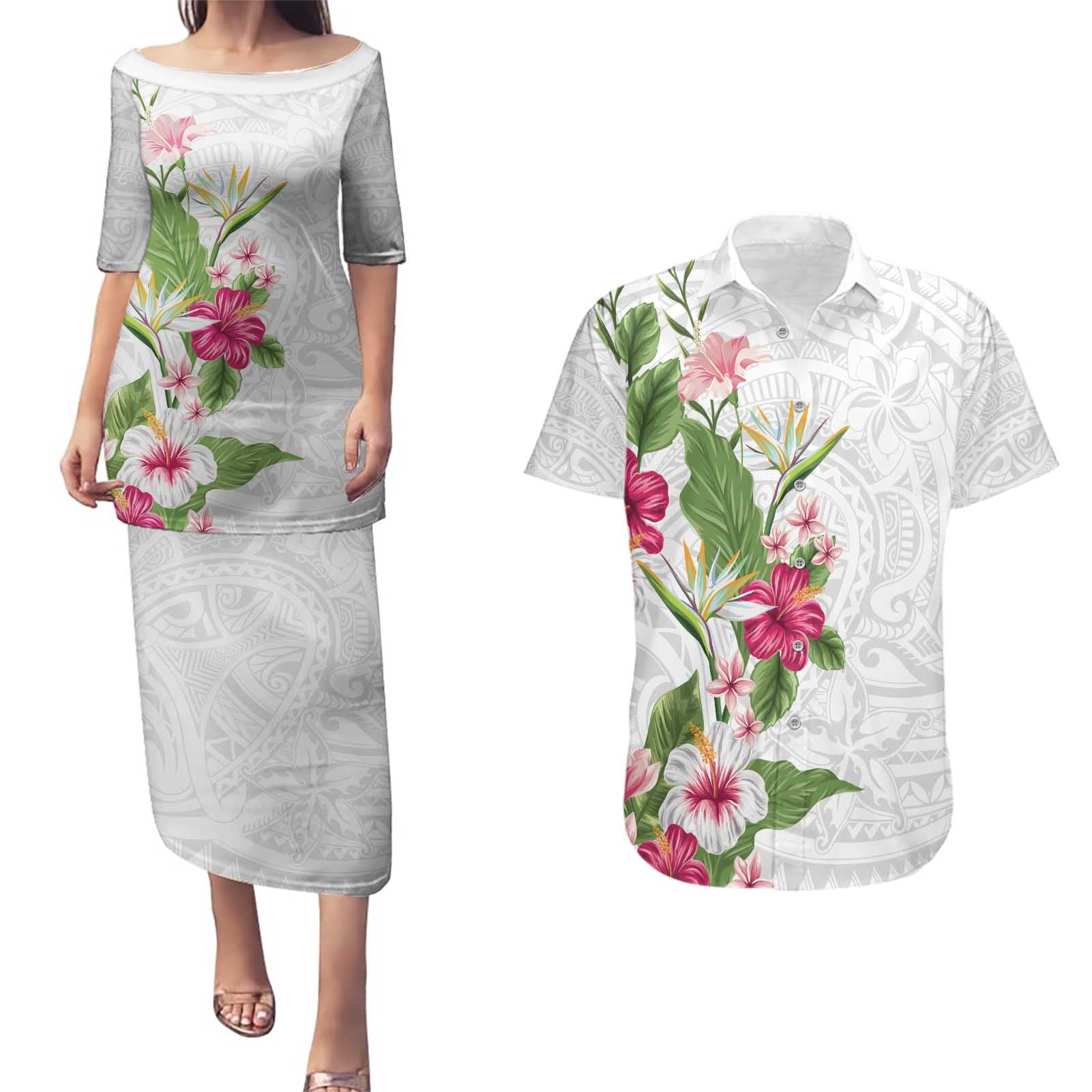 Hawaii Tropical Flowers Couples Matching Puletasi and Hawaiian Shirt Polynesian Tattoo White