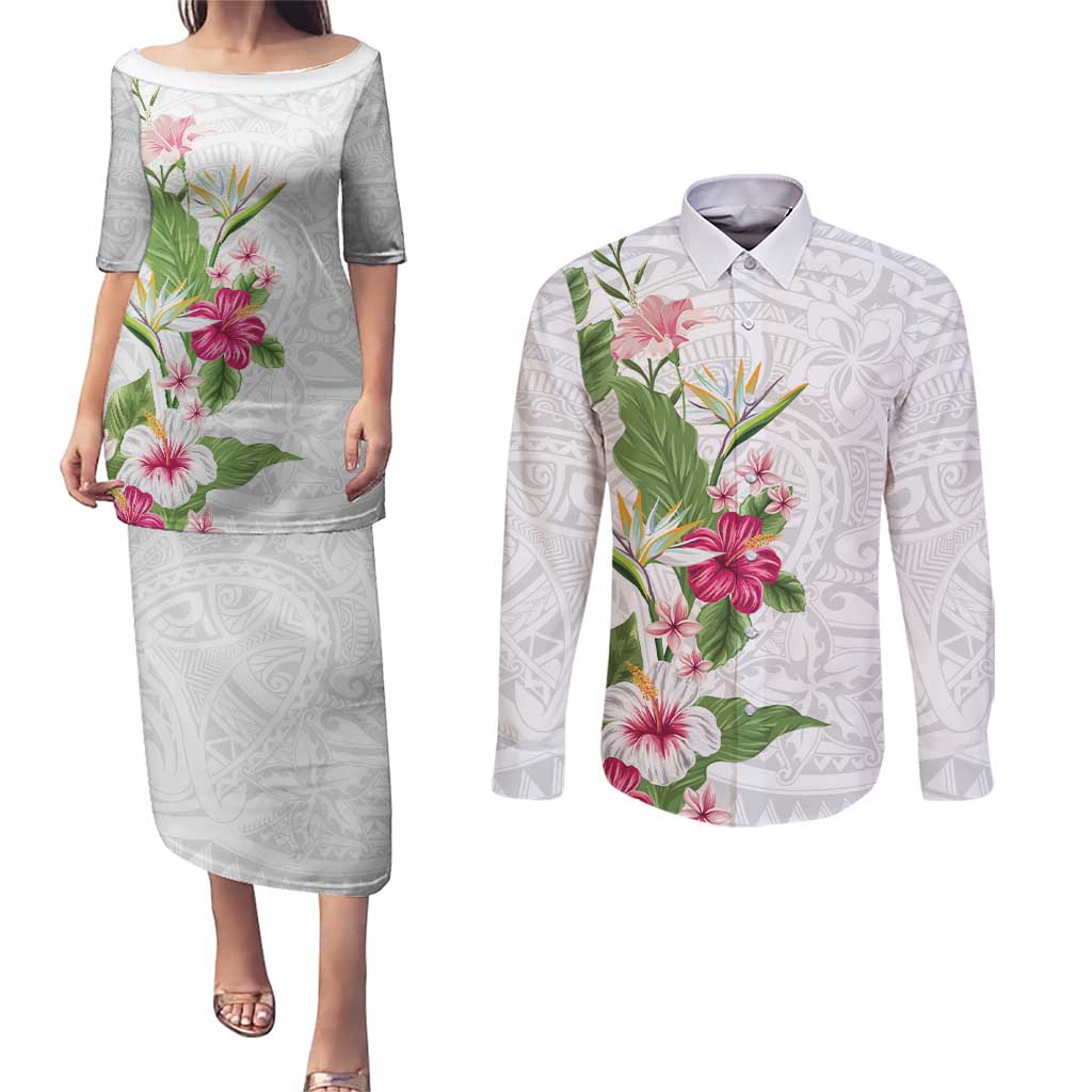 Hawaii Tropical Flowers Couples Matching Puletasi and Long Sleeve Button Shirt Polynesian Tattoo White
