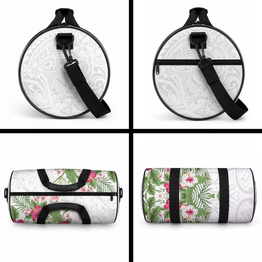 Hawaii Tropical Flowers Duffle Bag Polynesian Tattoo White