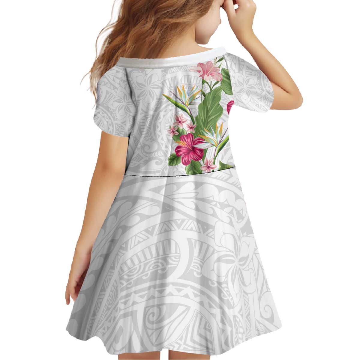 Hawaii Tropical Flowers Family Matching Off The Shoulder Long Sleeve Dress and Hawaiian Shirt Polynesian Tattoo White