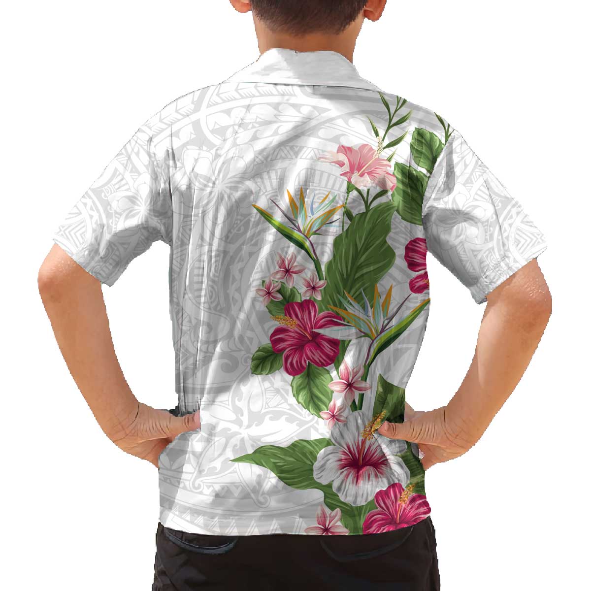 Hawaii Tropical Flowers Family Matching Puletasi and Hawaiian Shirt Polynesian Tattoo White