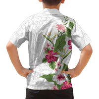 Hawaii Tropical Flowers Family Matching Puletasi and Hawaiian Shirt Polynesian Tattoo White