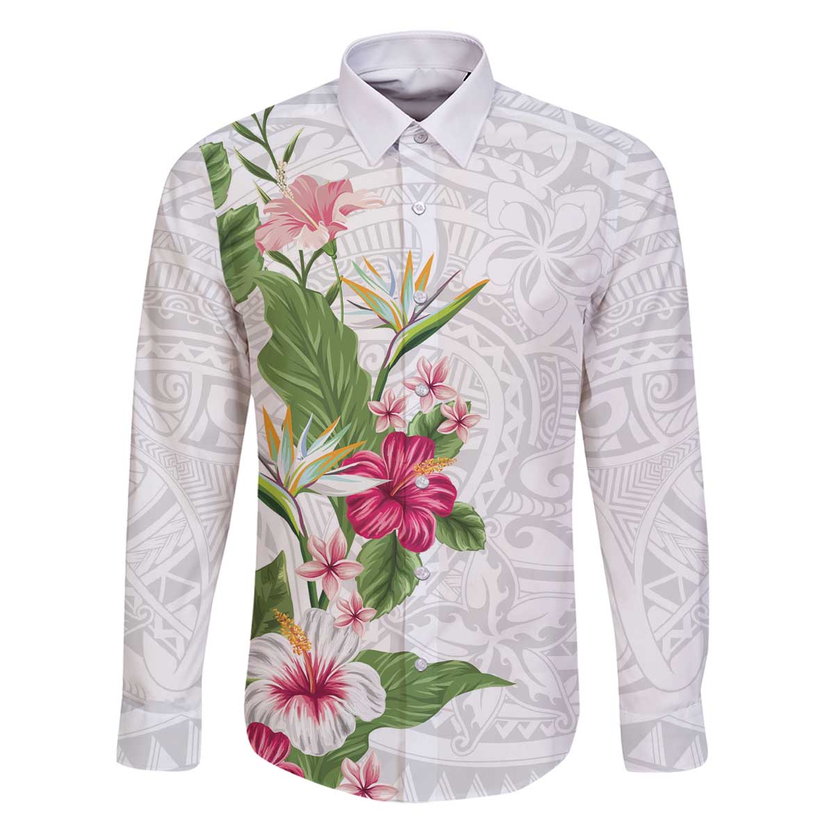 Hawaii Tropical Flowers Family Matching Puletasi and Hawaiian Shirt Polynesian Tattoo White