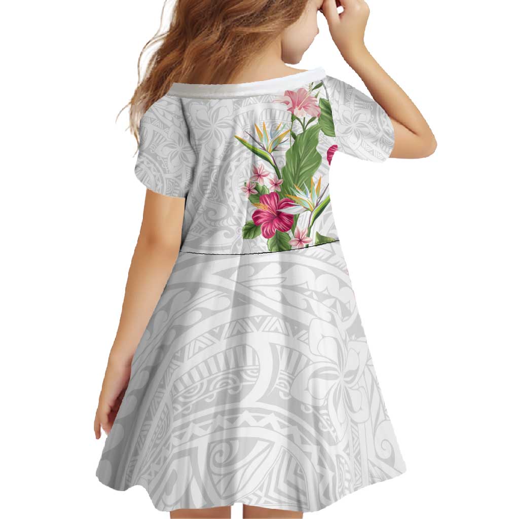 Hawaii Tropical Flowers Family Matching Short Sleeve Bodycon Dress and Hawaiian Shirt Polynesian Tattoo White