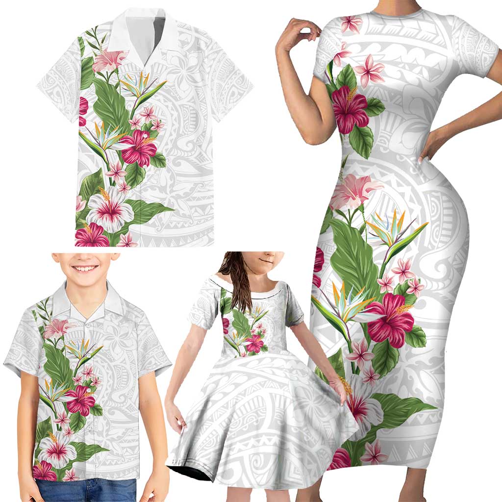 Hawaii Tropical Flowers Family Matching Short Sleeve Bodycon Dress and Hawaiian Shirt Polynesian Tattoo White
