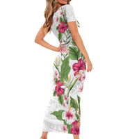 Hawaii Tropical Flowers Family Matching Short Sleeve Bodycon Dress and Hawaiian Shirt Polynesian Tattoo White