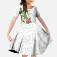 Hawaii Tropical Flowers Family Matching Summer Maxi Dress and Hawaiian Shirt Polynesian Tattoo White