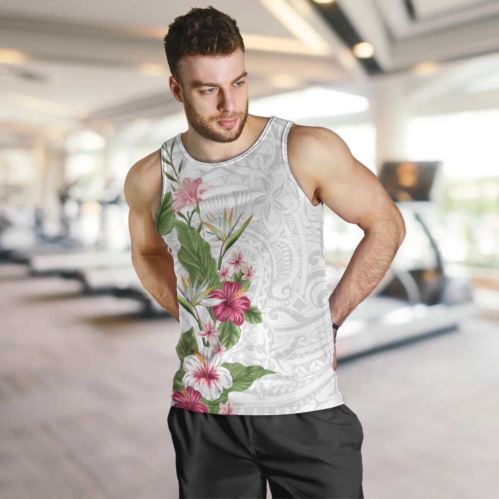 Hawaii Tropical Flowers Men Tank Top Polynesian Tattoo White