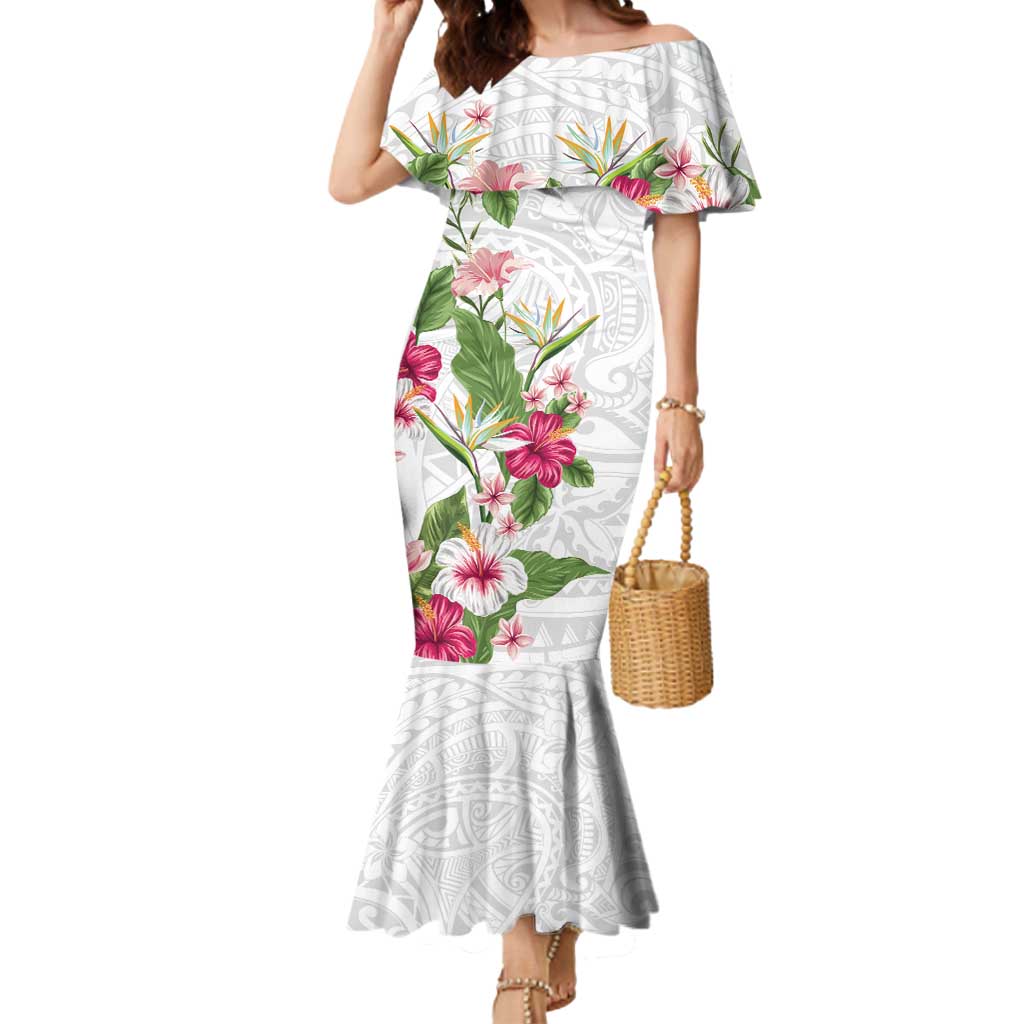 Hawaii Tropical Flowers Mermaid Dress Polynesian Tattoo White