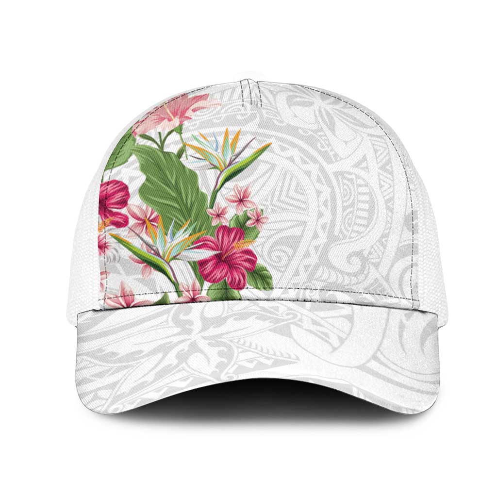 Hawaii Tropical Flowers Mesh Trucker Cap Polynesian Tattoo White