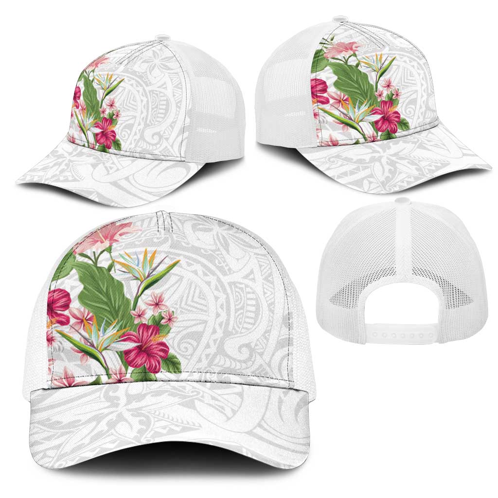 Hawaii Tropical Flowers Mesh Trucker Cap Polynesian Tattoo White