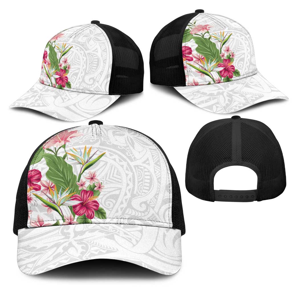 Hawaii Tropical Flowers Mesh Trucker Cap Polynesian Tattoo White