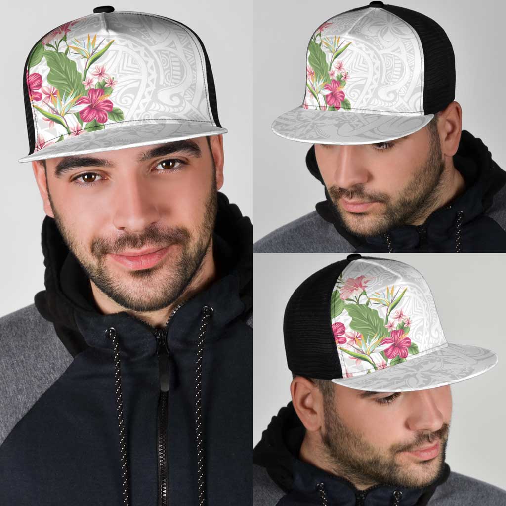 Hawaii Tropical Flowers Mesh Trucker Cap Polynesian Tattoo White