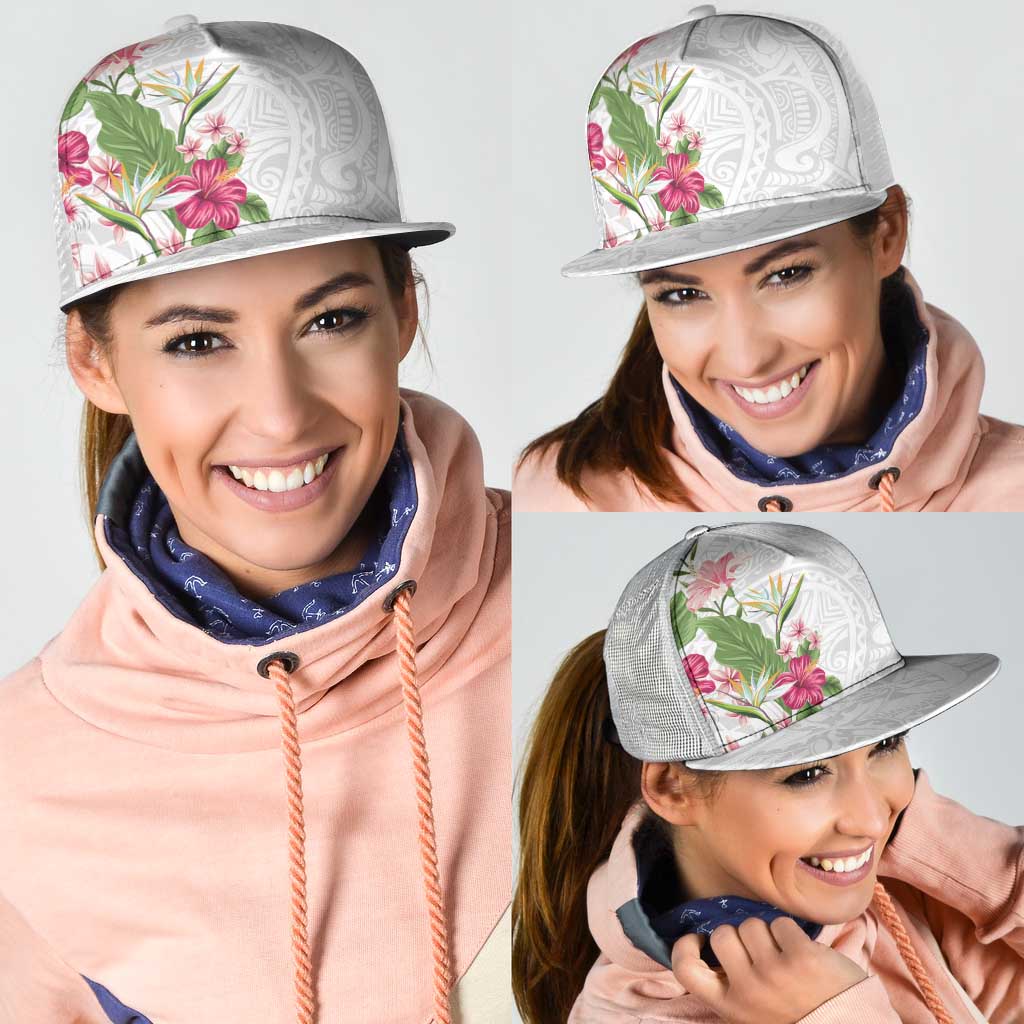 Hawaii Tropical Flowers Mesh Trucker Cap Polynesian Tattoo White