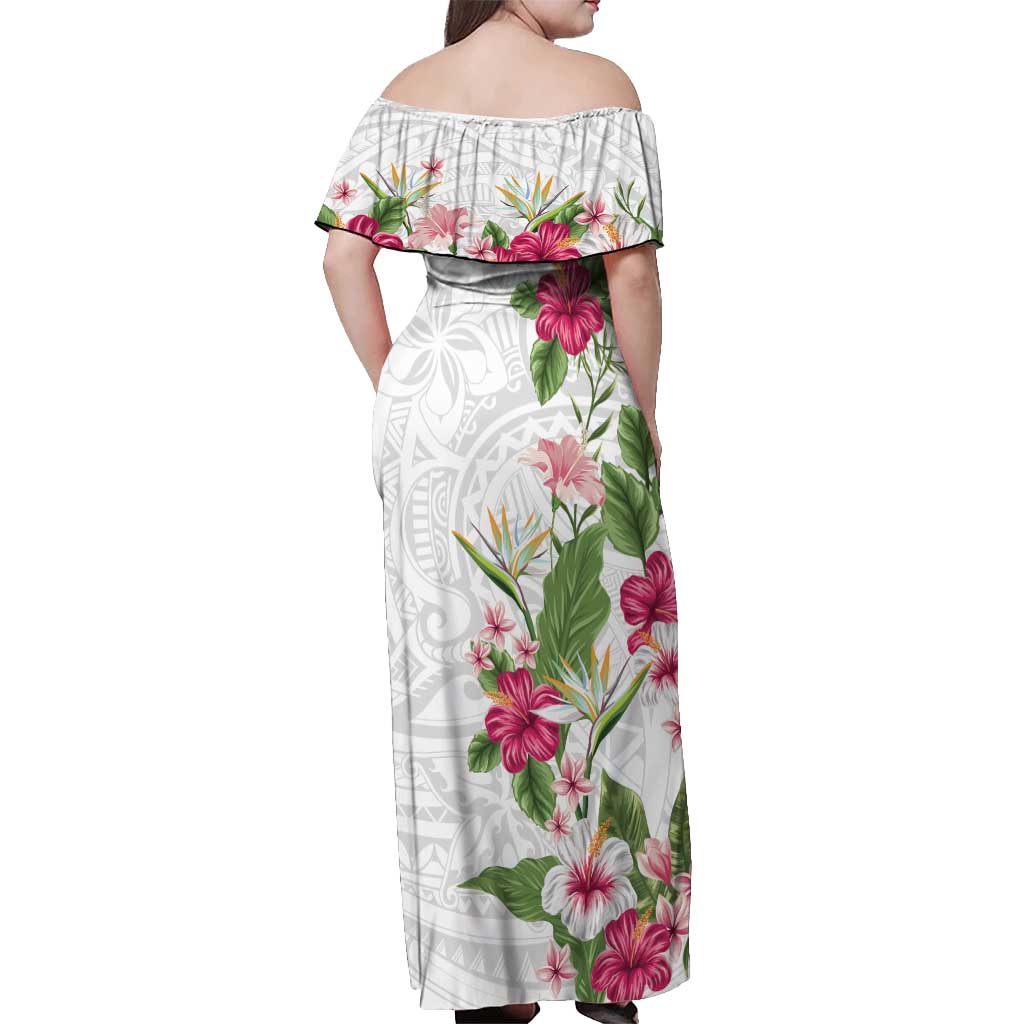 Hawaii Tropical Flowers Off Shoulder Maxi Dress Polynesian Tattoo White