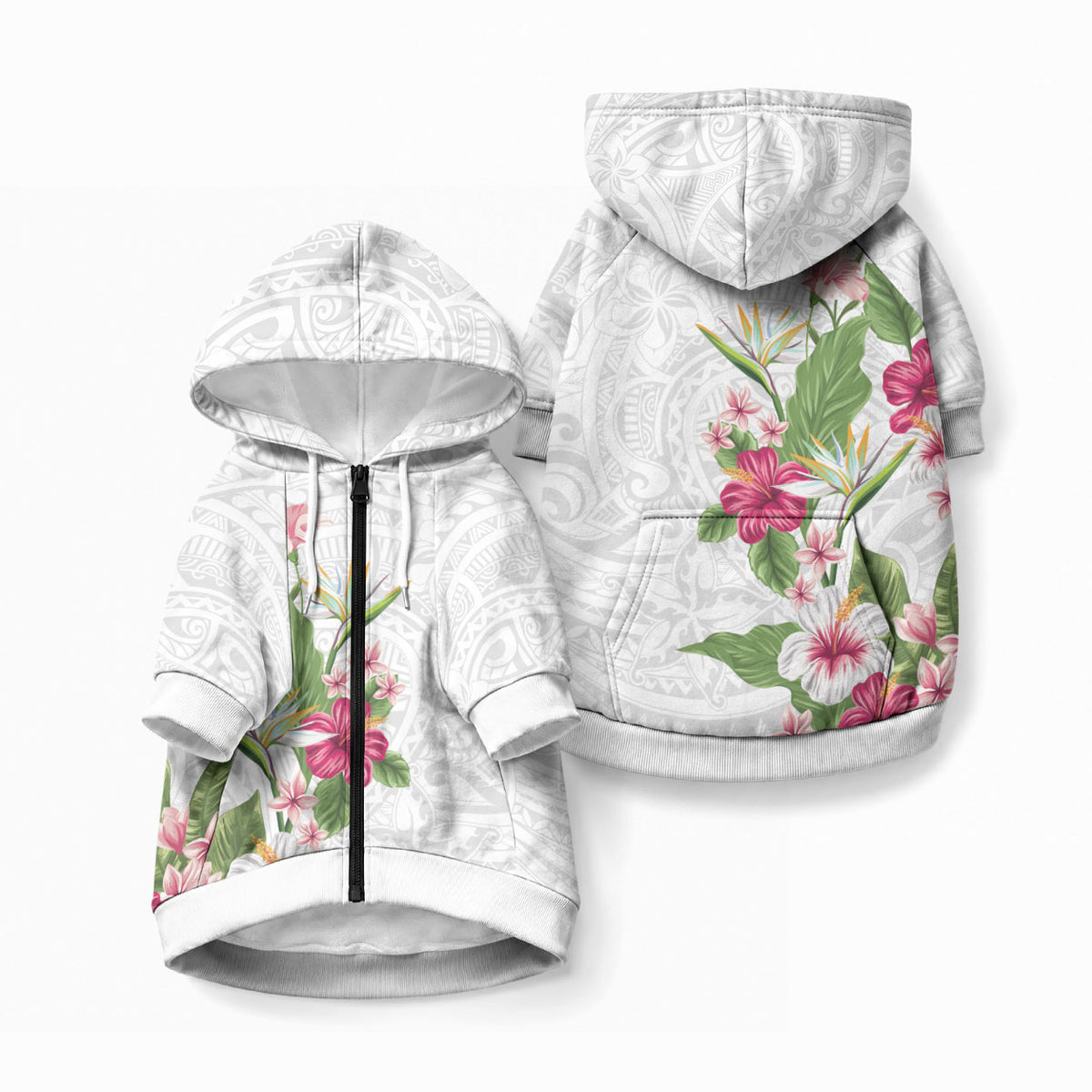 Hawaii Tropical Flowers Pet Hoodie Polynesian Tattoo White