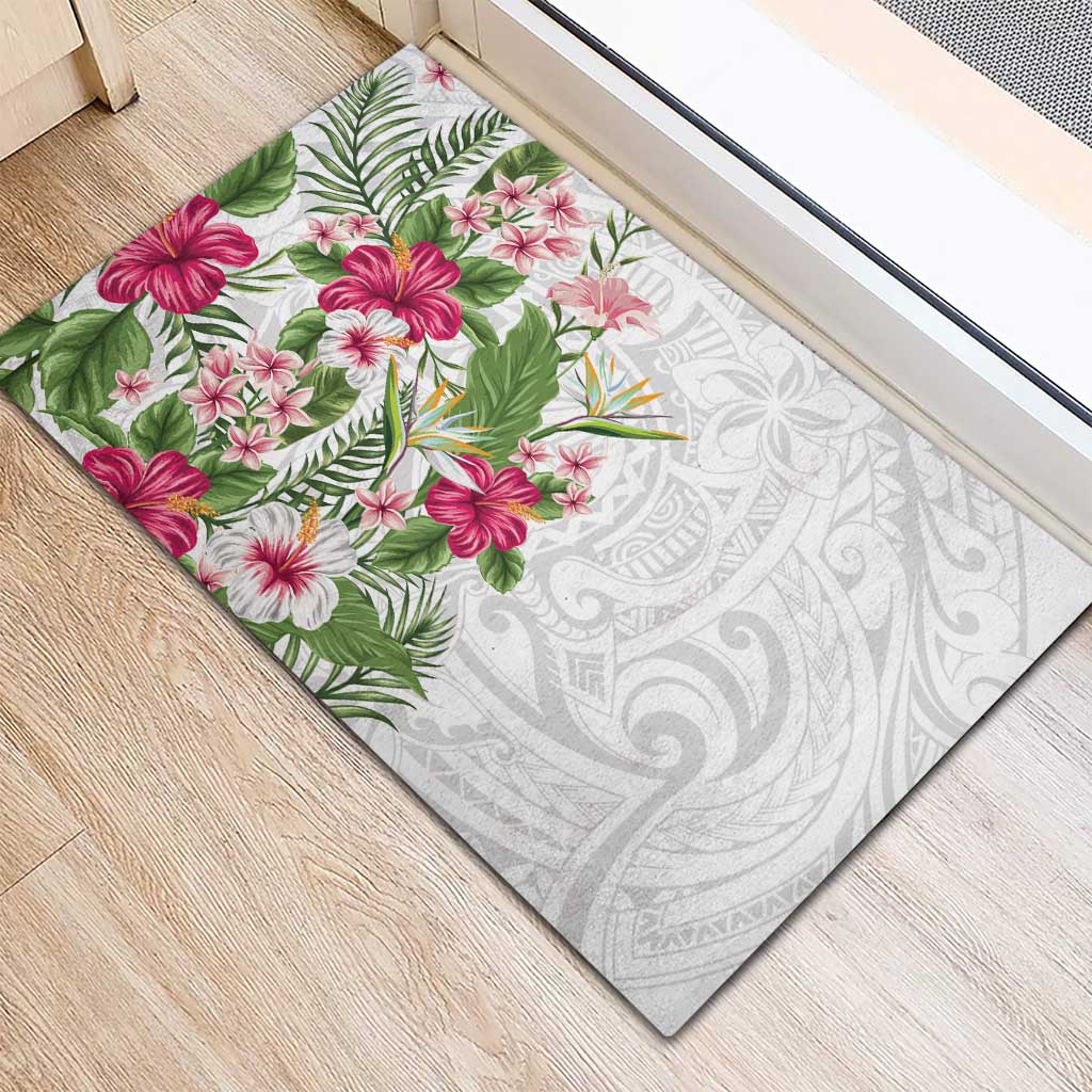 Hawaii Tropical Flowers Rubber Doormat Polynesian Tattoo White