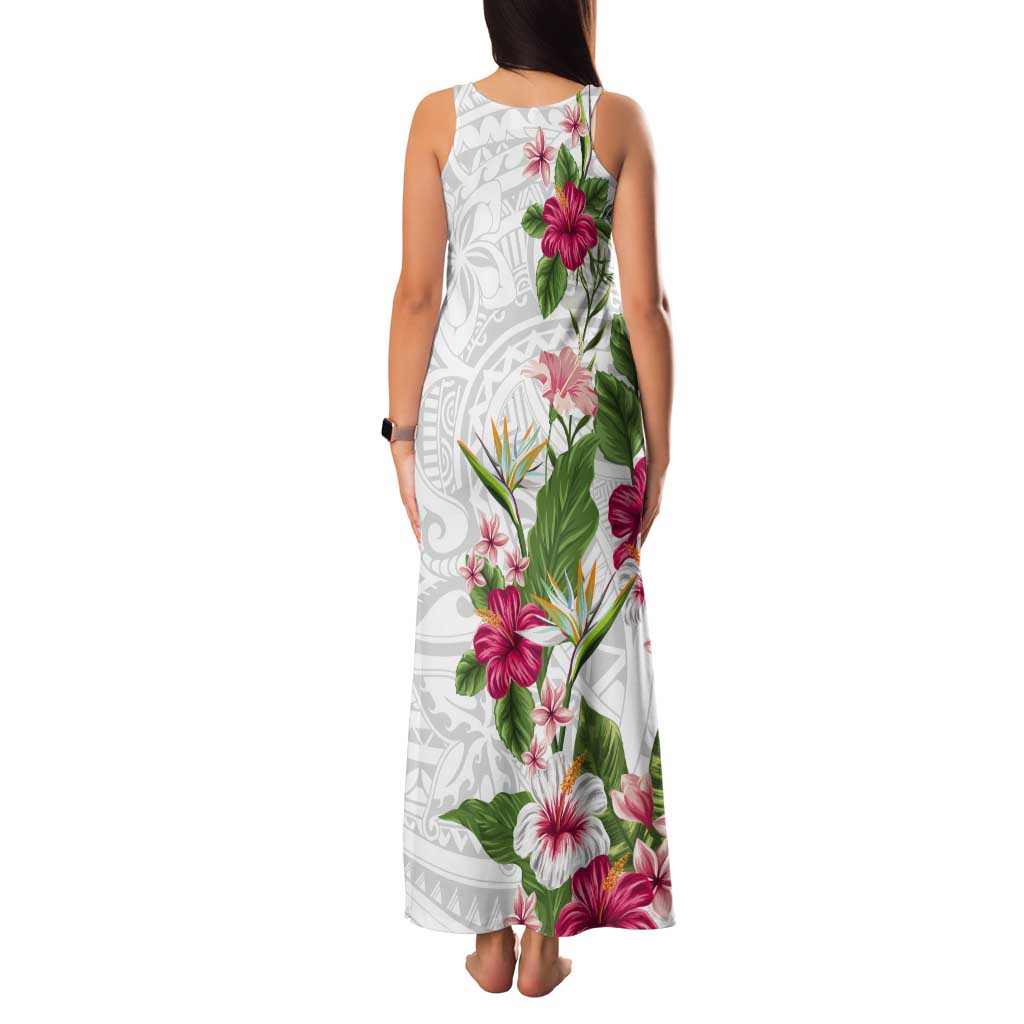 Hawaii Tropical Flowers Tank Maxi Dress Polynesian Tattoo White